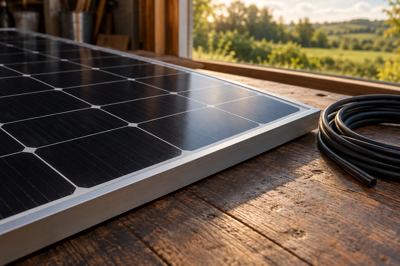 Illustrative rigid solar panel with a silver frame on a workbench