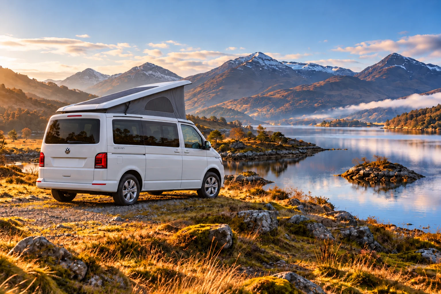 Illustrative pop-top camper beside a Highland loch