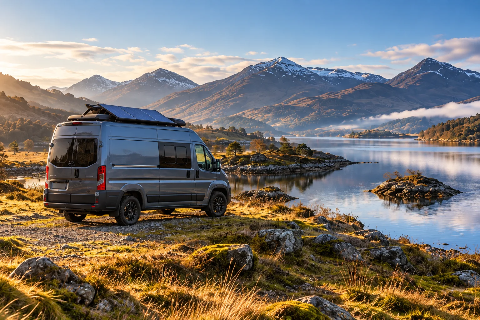 Illustrated vision of a solar-equipped campervan beside a Highland loch in morning light